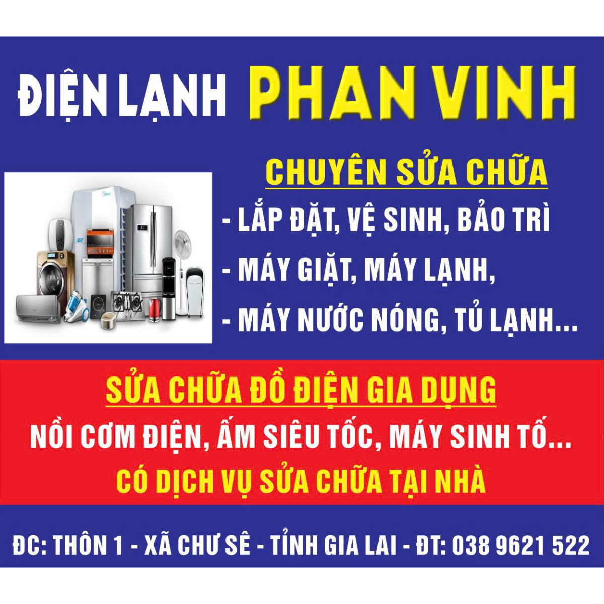 Bảng hiệu điện lạnh 1.89x1m in mực dầu hai mặt trên bạt trắng 300g, màu sắc bền đẹp, chống thấm nước, phù hợp treo ngoài trời.