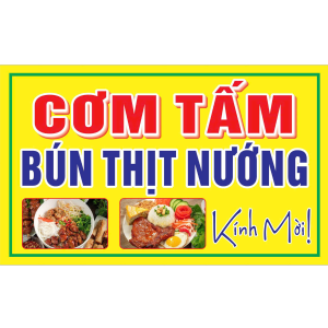 Bảng hiệu Cơm Tấm – Bún Thịt Nướng in mực dầu trên decal đen cán bóng, kích thước 89x54cm. Màu sắc nổi bật, chống nước, bền đẹp ngoài trời, phù hợp cho quán ăn và nhà hàng.