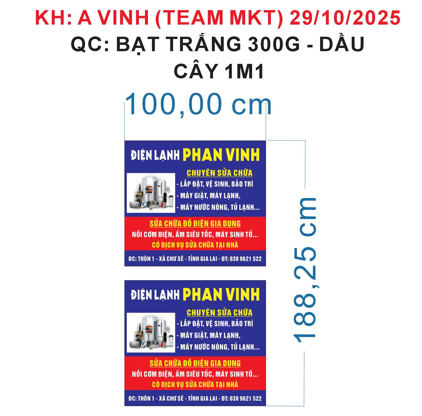 Bảng hiệu điện lạnh 1.89x1m in mực dầu hai mặt trên bạt trắng 300g, màu sắc bền đẹp, chống thấm nước, phù hợp treo ngoài trời.